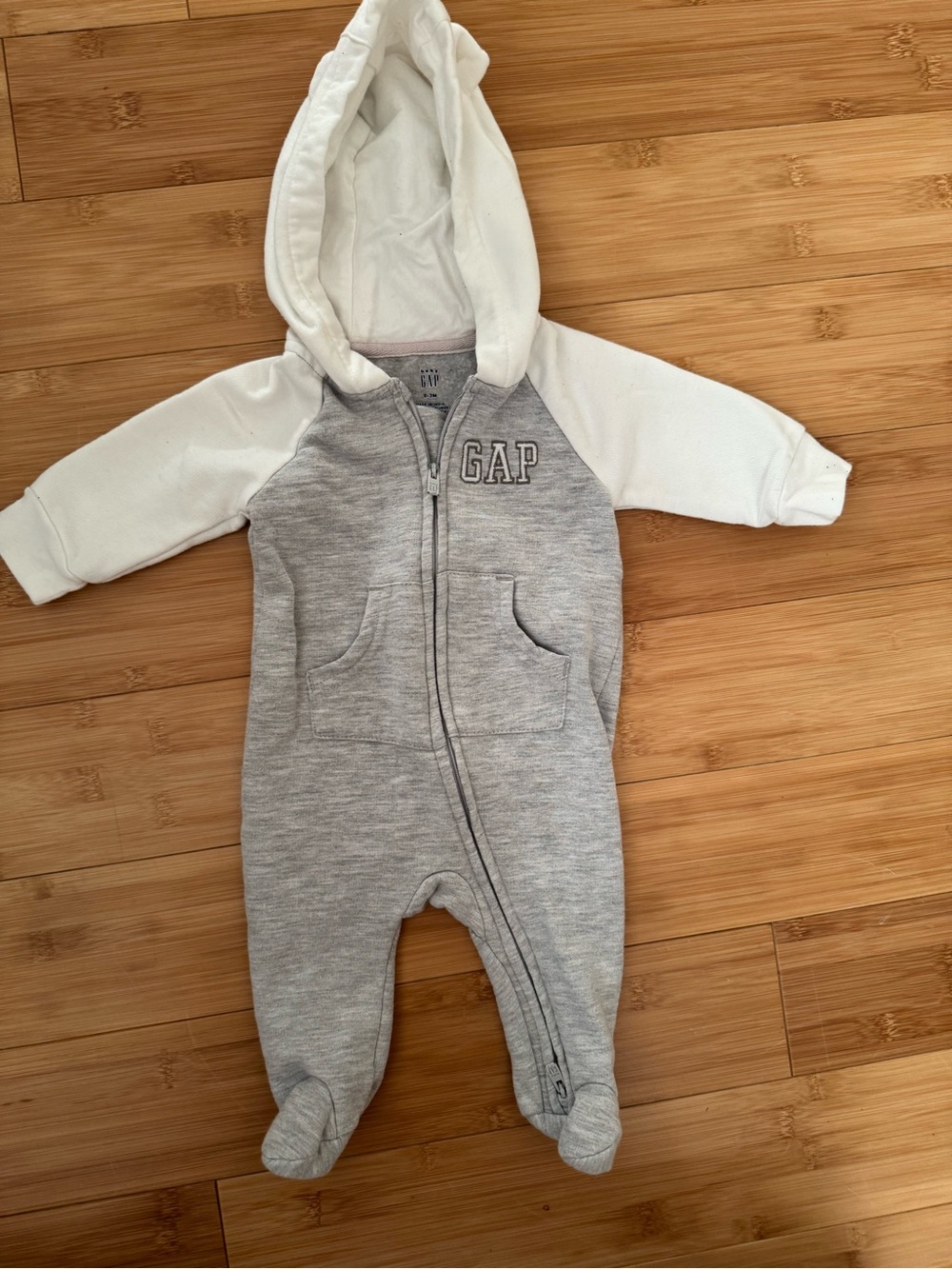 GAP Gray Body with White Sleeves Hooded Footed One-Piece